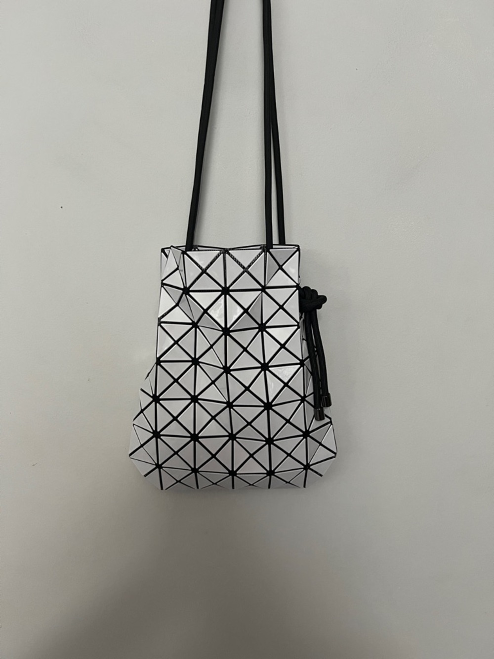 Geometric Panel White Crossbody Bucket Bag with Black Trim